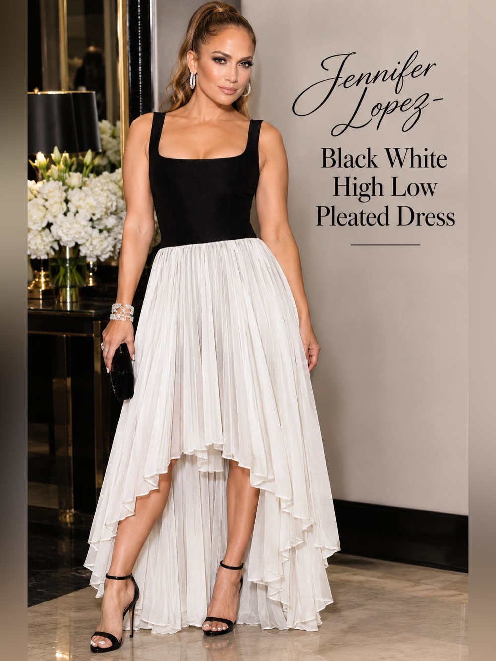 Jennifer Lopez Black and White High-Low Pleated Dress